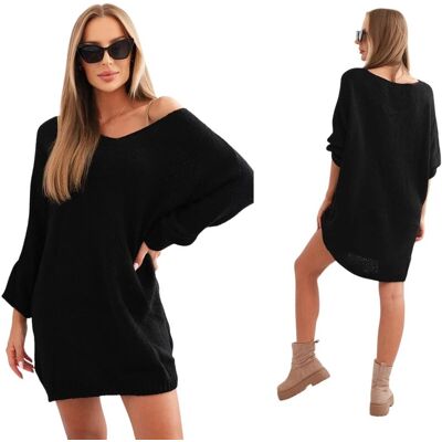 Kesi Czarny sweter damski oversize Plus Size z dekoltem V Kesi Czarny sweter damski oversize Plus Size z dekoltem V