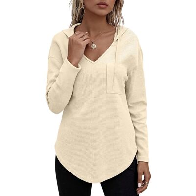 Inny producent Damska Bluza z Kapturem Waflowa Dekolt V Elegancka Casual Beżowa M Inny producent Damska Bluza z Kapturem Waflowa Dekolt V Elegancka Casual Beżowa M