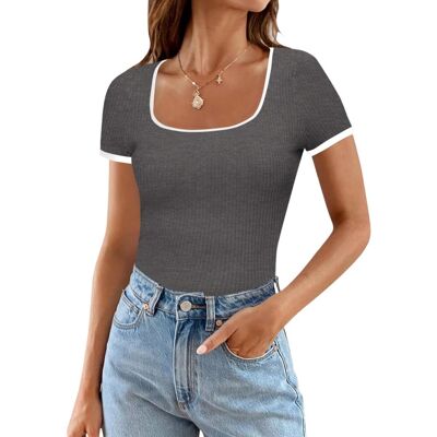 Inny producent Damska Bluzka Koszulka z Krótki Rękawem Prążkowana Casual Slim Fit Szara S Inny producent Damska Bluzka Koszulka z Krótki Rękawem Prążkowana Casual Slim Fit Szara S