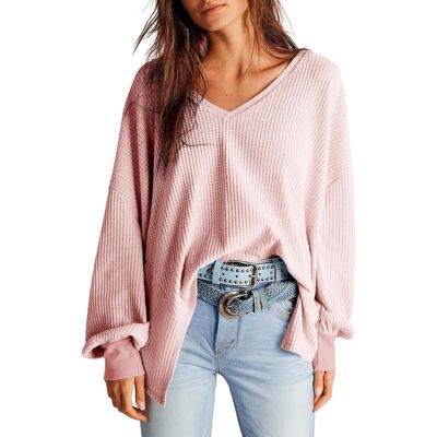 Inny producent Damska Bluzka Tunika Wafelkowa Oversize V-Neck Różowa Dzianina Luźny Krój S Inny producent Damska Bluzka Tunika Wafelkowa Oversize V-Neck Różowa Dzianina Luźny Krój S
