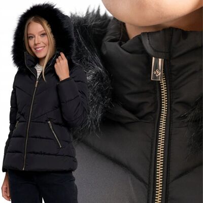 DAMSKA KURTKA PIKOWANA Z FUTERKIEM ELEGANCKA Z ODPINANYM KAPTUREM MORAJ L BLACK DAMSKA KURTKA PIKOWANA Z FUTERKIEM ELEGANCKA Z ODPINANYM KAPTUREM MORAJ L BLACK