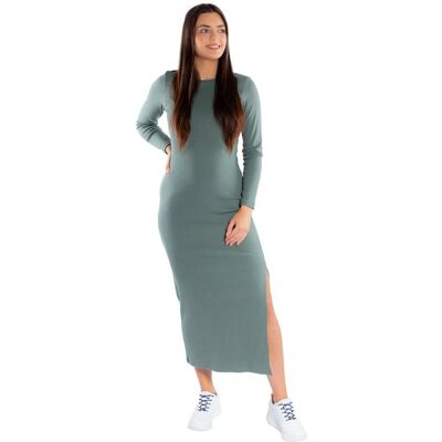 Damska sukienka prążkowana długi rękaw Maxi Niki khaki Golden Queen r.M Damska sukienka prążkowana długi rękaw Maxi Niki khaki Golden Queen r.M