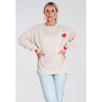 FIGL Damski beżowy sweter z czerwonymi sercami, luźny krój, okrągły dekolt, długi rękaw, akryl - M1240, beżowy, XL FIGL Damski beżowy sweter z czerwonymi sercami, luźny krój, okrągły dekolt, długi rękaw, akryl - M1240, beżowy, XL