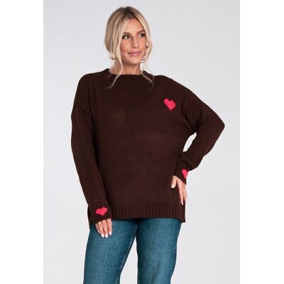 FIGL Damski brązowy sweter z czerwonymi sercami luźny krój gruby splot dekolt okrągły długi rękaw - M1240, brązowy, S FIGL Damski brązowy sweter z czerwonymi sercami luźny krój gruby splot dekolt okrągły długi rękaw - M1240, brązowy, S