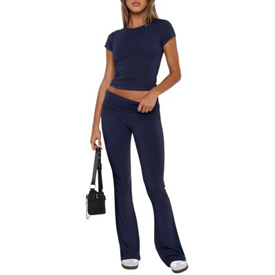 Inny producent Damski Komplet Dresowy Crop Top Dzwony Wygodny Sportowy Granatowy L Inny producent Damski Komplet Dresowy Crop Top Dzwony Wygodny Sportowy Granatowy L