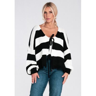 FIGL Damski krótki sweter w biało-czarne pasy z wiązaniem z przodu, dekolt V, długi rękaw - M1244, czarny, XL FIGL Damski krótki sweter w biało-czarne pasy z wiązaniem z przodu, dekolt V, długi rękaw - M1244, czarny, XL