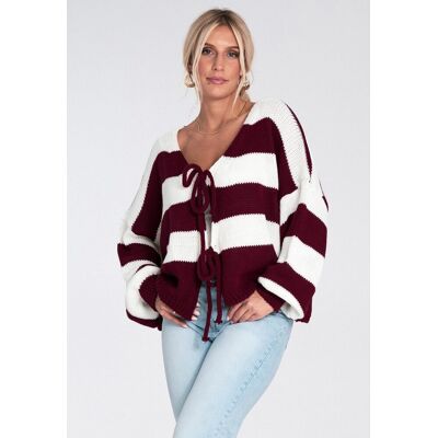 FIGL Damski krótki sweter w paski z wiązaniem z przodu, dekolt V, długi rękaw, luźny fason casual - M1244, bordowy, M FIGL Damski krótki sweter w paski z wiązaniem z przodu, dekolt V, długi rękaw, luźny fason casual - M1244, bordowy, M