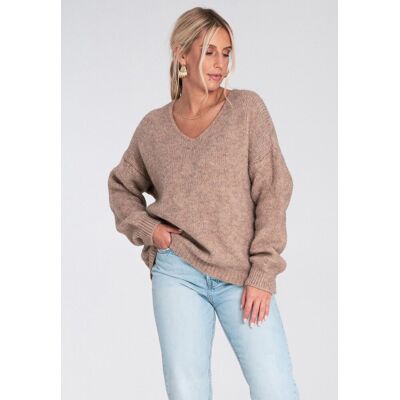 FIGL Damski luźny sweter oversize z dekoltem V (serek) z miękkiej dzianiny, do pracy i na co dzień - M1236, beżowy, XL FIGL Damski luźny sweter oversize z dekoltem V (serek) z miękkiej dzianiny, do pracy i na co dzień - M1236, beżowy, XL