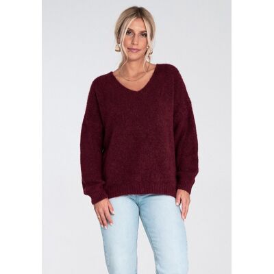 FIGL Damski luźny sweter oversize z dekoltem V w serek z miękkiej dzianiny akrylowej bordowy - M1236, bordowy, S FIGL Damski luźny sweter oversize z dekoltem V w serek z miękkiej dzianiny akrylowej bordowy - M1236, bordowy, S