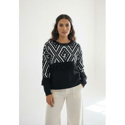 FIGL Damski sweter boho z frędzlami i geometrycznym wzorem, dekolt okrągły, długi rękaw - M1265, czarny, S FIGL Damski sweter boho z frędzlami i geometrycznym wzorem, dekolt okrągły, długi rękaw - M1265, czarny, S
