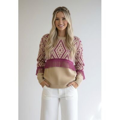 FIGL Damski sweter boho z frędzlami i geometrycznym wzorem, okrągły dekolt, długi rękaw - M1265, beżowy, M FIGL Damski sweter boho z frędzlami i geometrycznym wzorem, okrągły dekolt, długi rękaw - M1265, beżowy, M