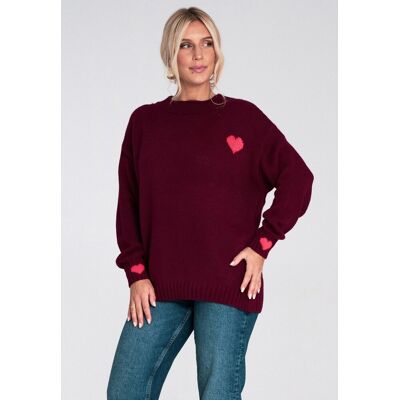 FIGL Damski sweter bordowy z czerwonymi sercami luźny krój regular fit dekolt okrągły akryl - M1240, bordowy, M FIGL Damski sweter bordowy z czerwonymi sercami luźny krój regular fit dekolt okrągły akryl - M1240, bordowy, M