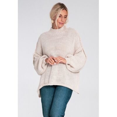 FIGL Damski sweter oversize z półgolfem i bufiastymi rękawami do bioder - M1238, beżowy, M FIGL Damski sweter oversize z półgolfem i bufiastymi rękawami do bioder - M1238, beżowy, M