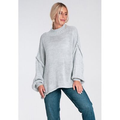 FIGL Damski sweter oversize z półgolfem i bufiastymi rękawami, dzianina - M1238, szary, M FIGL Damski sweter oversize z półgolfem i bufiastymi rękawami, dzianina - M1238, szary, M
