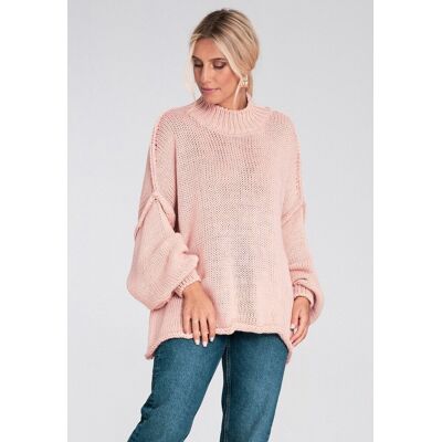 FIGL Damski sweter oversize z półgolfem i bufiastymi rękawami na chłodne dni - M1238, różowy, L FIGL Damski sweter oversize z półgolfem i bufiastymi rękawami na chłodne dni - M1238, różowy, L
