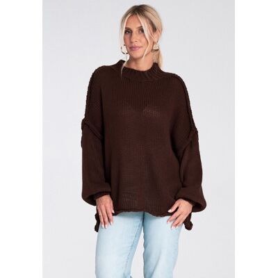 FIGL Damski sweter oversize z półgolfem i bufiastymi rękawami na jesień i zimę - M1238, brązowy, S FIGL Damski sweter oversize z półgolfem i bufiastymi rękawami na jesień i zimę - M1238, brązowy, S