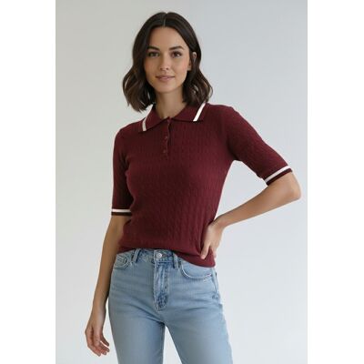 FIGL Damski sweter polo z kołnierzykiem i guzikami, krótki rękaw, wiskoza Regular Fit - M1268, bordowy, S FIGL Damski sweter polo z kołnierzykiem i guzikami, krótki rękaw, wiskoza Regular Fit - M1268, bordowy, S