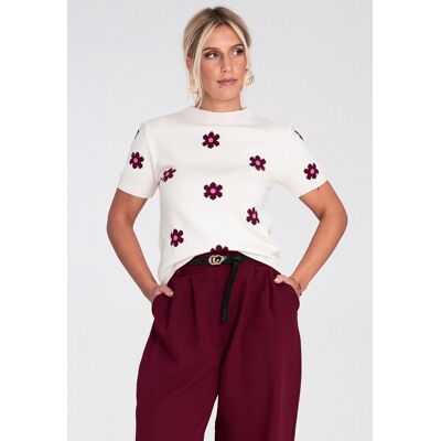 Damski sweter z krótkim rękawem w kwiaty Regular Fit ecru z wiskozy - Figl M1235, ecru, S Damski sweter z krótkim rękawem w kwiaty Regular Fit ecru z wiskozy - Figl M1235, ecru, S
