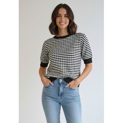 FIGL Damski sweter z krótkim rękawem w pepitkę ecru, okrągły dekolt, regular fit - M1266, czarny, M FIGL Damski sweter z krótkim rękawem w pepitkę ecru, okrągły dekolt, regular fit - M1266, czarny, M