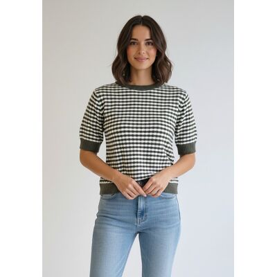 FIGL Damski sweter z krótkim rękawem w pepitkę z okrągłym dekoltem regular fit - M1266, zielony, M FIGL Damski sweter z krótkim rękawem w pepitkę z okrągłym dekoltem regular fit - M1266, zielony, M