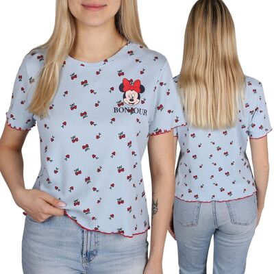 Disney Myszka Minnie Damska BAWEŁNIANIA prążkowana koszulka t-shirt w wisienki XS Disney Myszka Minnie Damska BAWEŁNIANIA prążkowana koszulka t-shirt w wisienki XS