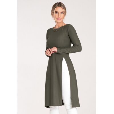 FIGL Długa bluzka tunika damska z wiskozy, regular fit, długi rękaw, okrągły dekolt - M1075, oliwkowa, L FIGL Długa bluzka tunika damska z wiskozy, regular fit, długi rękaw, okrągły dekolt - M1075, oliwkowa, L