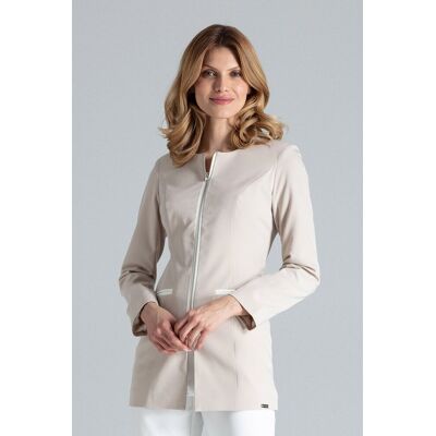 FIGL Długa marynarka damska na zamek Regular Fit casual - M409, beżowo-ecru, XL FIGL Długa marynarka damska na zamek Regular Fit casual - M409, beżowo-ecru, XL