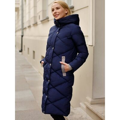 Inny producent Długa pikowana w romby kurtka damska z kapturem XL Granatowy Inny producent Długa pikowana w romby kurtka damska z kapturem XL Granatowy