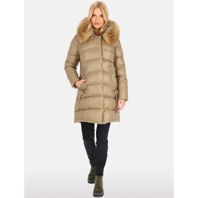 Inny producent Długa puchowa pikowana kurtka damska z futrem jenota 3XL Tabaczkowy Inny producent Długa puchowa pikowana kurtka damska z futrem jenota 3XL Tabaczkowy