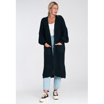 FIGL Długi kardigan damski maxi oversize bez zapięcia z kieszeniami z miękkiej dzianiny akrylowej - M1239, granatowy, L FIGL Długi kardigan damski maxi oversize bez zapięcia z kieszeniami z miękkiej dzianiny akrylowej - M1239, granatowy, L