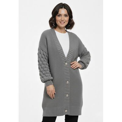 FIGL Długi kardigan damski oversize na guziki z dekoltem V i rękawami bubble - M1270, szary, S FIGL Długi kardigan damski oversize na guziki z dekoltem V i rękawami bubble - M1270, szary, S