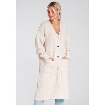 FIGL Długi kardigan damski oversize na guziki z kieszeniami V-neck do połowy łydki - M1237, beżowy, XL FIGL Długi kardigan damski oversize na guziki z kieszeniami V-neck do połowy łydki - M1237, beżowy, XL