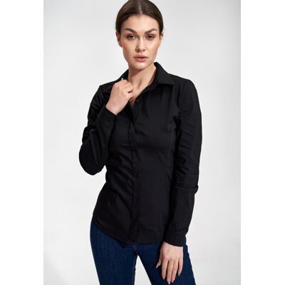 FIGL Elegancka czarna koszula damska bawełniana z zakrytymi guzikami, długi rękaw Regular Fit - M876, czarny, XL FIGL Elegancka czarna koszula damska bawełniana z zakrytymi guzikami, długi rękaw Regular Fit - M876, czarny, XL