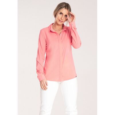 Elegancka koszula damska z klasycznym kołnierzykiem Regular Fit długi rękaw jednolita - Figl M1068, koralowa, S Elegancka koszula damska z klasycznym kołnierzykiem Regular Fit długi rękaw jednolita - Figl M1068, koralowa, S