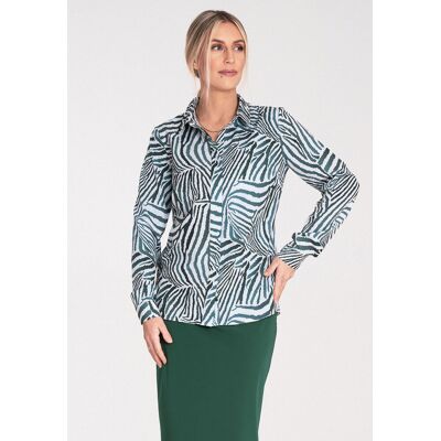 FIGL Elegancka koszula damska z kołnierzykiem w zielony wzór zebra regular fit - M1068, zebra zielona, XL FIGL Elegancka koszula damska z kołnierzykiem w zielony wzór zebra regular fit - M1068, zebra zielona, XL