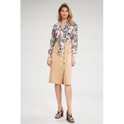 FIGL Elegancka SPÓDNICA z zakładką OZDOBNE GUZIKI beżowa S FIGL Elegancka SPÓDNICA z zakładką OZDOBNE GUZIKI beżowa S