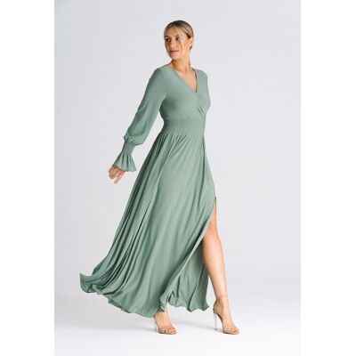 FIGL Elegancka sukienka z bufiastymi rękawami - sukienka z pęknięciem - oliwkowa rozmiar S/M FIGL Elegancka sukienka z bufiastymi rękawami - sukienka z pęknięciem - oliwkowa rozmiar S/M