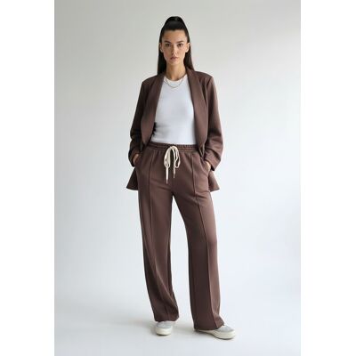 FIGL Elegancki damski komplet dresowy smart casual marynarka bez zapięcia i spodnie z troczkiem - M1254, czekoladowy, L FIGL Elegancki damski komplet dresowy smart casual marynarka bez zapięcia i spodnie z troczkiem - M1254, czekoladowy, L