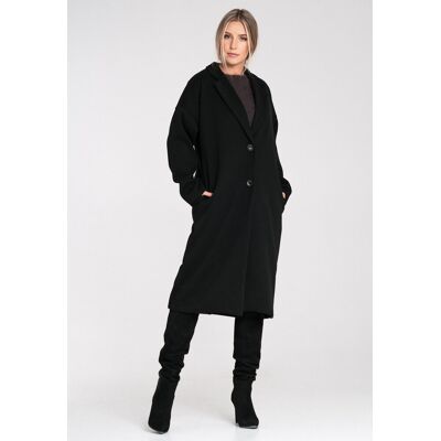 FIGL Elegancki płaszcz damski midi z kołnierzem zapinany na guziki, lekko oversize - M1292, czarny, uniwersalny FIGL Elegancki płaszcz damski midi z kołnierzem zapinany na guziki, lekko oversize - M1292, czarny, uniwersalny