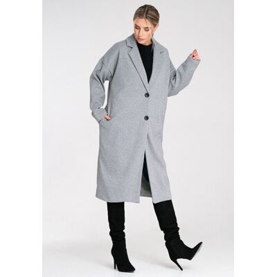 FIGL Elegancki płaszcz midi damski prosty lekko oversize z kołnierzem i guzikami - M1292, szary, uniwersalny FIGL Elegancki płaszcz midi damski prosty lekko oversize z kołnierzem i guzikami - M1292, szary, uniwersalny