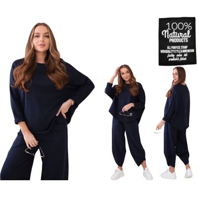 Kesi Granatowy komplet bawełniany damski: bluza oversize i spodnie Kesi Granatowy komplet bawełniany damski: bluza oversize i spodnie