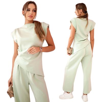 Kesi Jasny miętowy elegancki komplet damski: asymetryczna bluzka + spodnie Kesi Jasny miętowy elegancki komplet damski: asymetryczna bluzka + spodnie