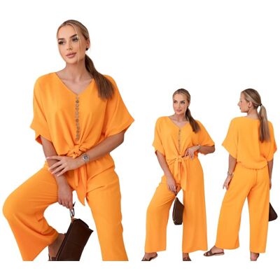 Kesi Jasny pomarańczowy komplet damski bluzka z guzikami i szerokie spodnie Kesi Jasny pomarańczowy komplet damski bluzka z guzikami i szerokie spodnie