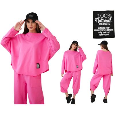 Kesi Jasny różowy komplet bawełniany damski: bluza oversize i spodnie Kesi Jasny różowy komplet bawełniany damski: bluza oversize i spodnie