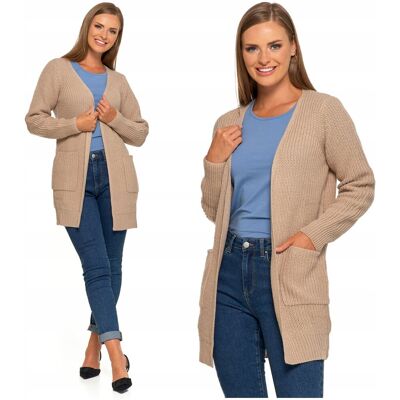 Kardigan Damski Długi Ciepły Sweter Narzutka Z Kieszeniami Beż Moraj L/Xl Kardigan Damski Długi Ciepły Sweter Narzutka Z Kieszeniami Beż Moraj L/Xl