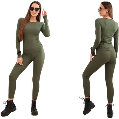 Kesi Khaki komplet damski prążkowany z wiskozy bluzka i legginsy Kesi Khaki komplet damski prążkowany z wiskozy bluzka i legginsy