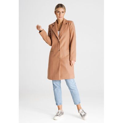 FIGL Klasyczny elegancki płaszcz damski na guziki z podszewką midi Regular Fit - M989, beżowy, XS FIGL Klasyczny elegancki płaszcz damski na guziki z podszewką midi Regular Fit - M989, beżowy, XS
