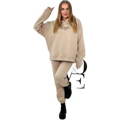 Kesi Komplet bawełniany ocieplany bluza z haftem + spodnie beżowy Kesi Komplet bawełniany ocieplany bluza z haftem + spodnie beżowy