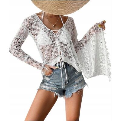 Inny producent Koronkowe Pareo Krótka Narzutka Na Strój Plaże Boho Szerokie Rękawy Białe Inny producent Koronkowe Pareo Krótka Narzutka Na Strój Plaże Boho Szerokie Rękawy Białe