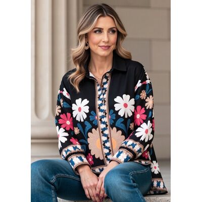 FIGL Koszula boho damska Koszula damska w kwiaty Czarna M1147 r. S/M FIGL Koszula boho damska Koszula damska w kwiaty Czarna M1147 r. S/M
